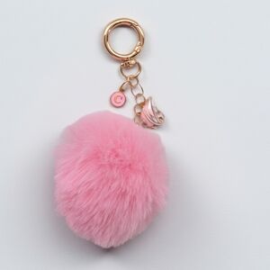 💗 Handcrafted Pink Faux Fur Pom Pom Bag Charm with Swan & Initial Charm – Large
